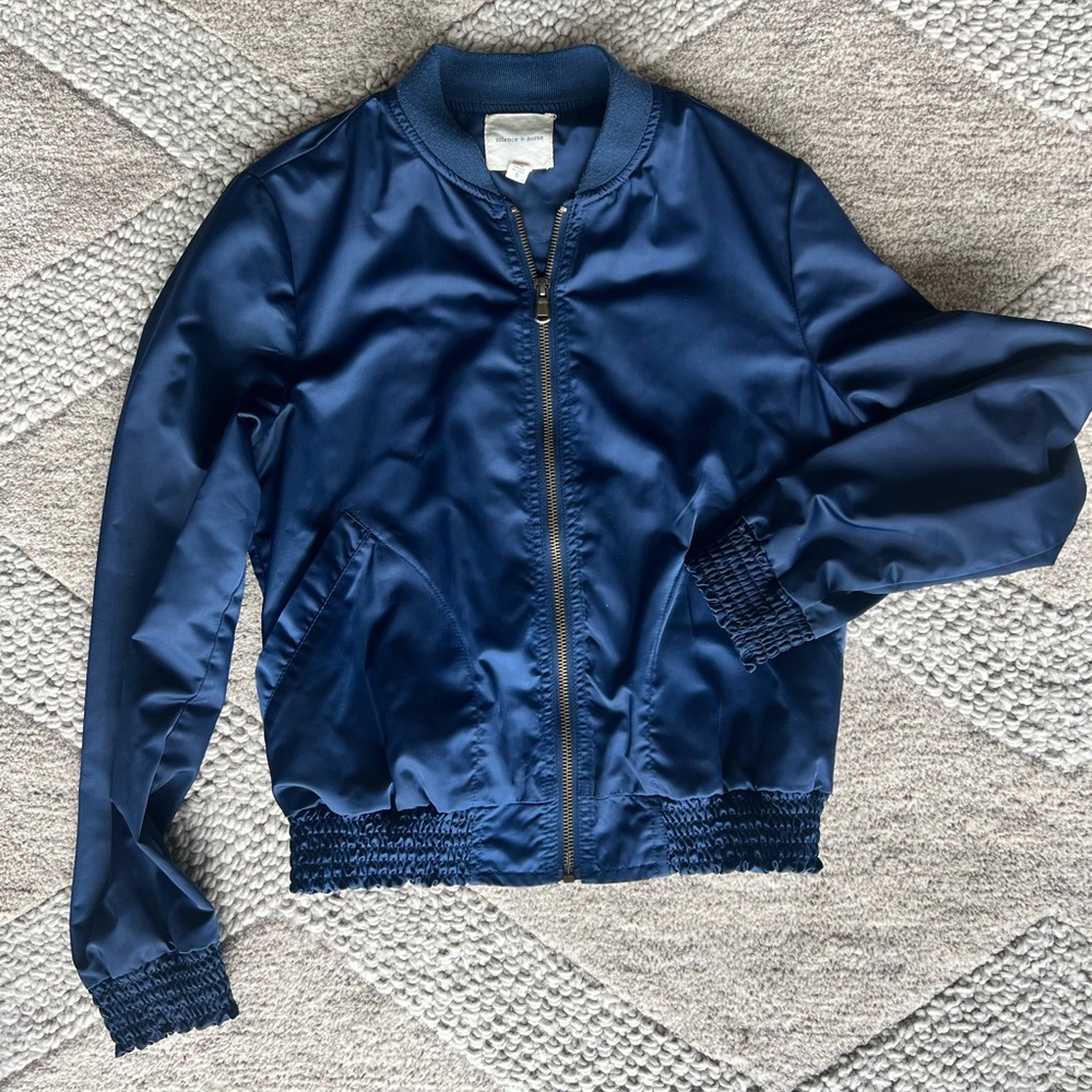 Navy blue satin bomber jacket